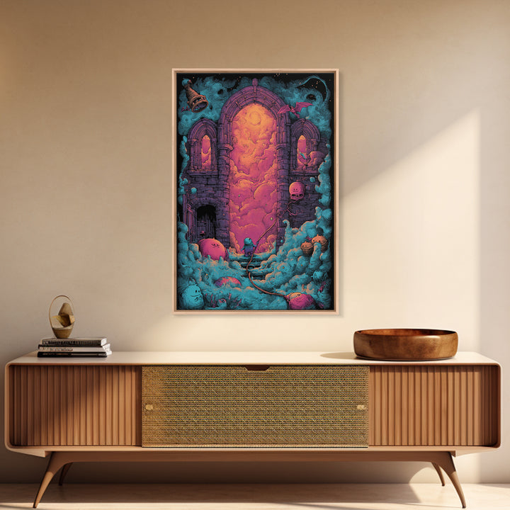 The Bellringer Of The Sunken Cathedral, Cute Eldritch Neon Art, Vertical Wall Art, Canvas Print, Retro Halloween Decor, Neon Wall Art