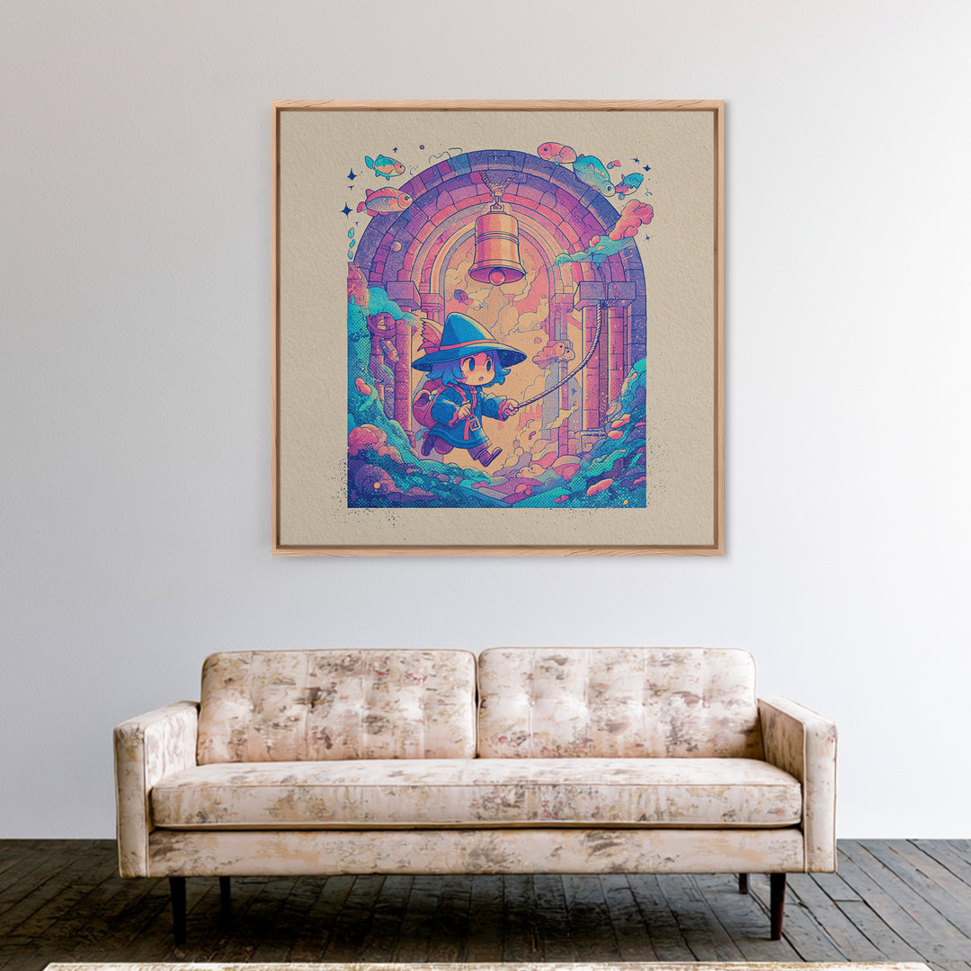 The Bellringer Of The Sunken Cathedral, Cosmic Synthwave Horror, Square Wall Art, Framed Canvas Print, Retro Halloween Decor, Neon Wall Art