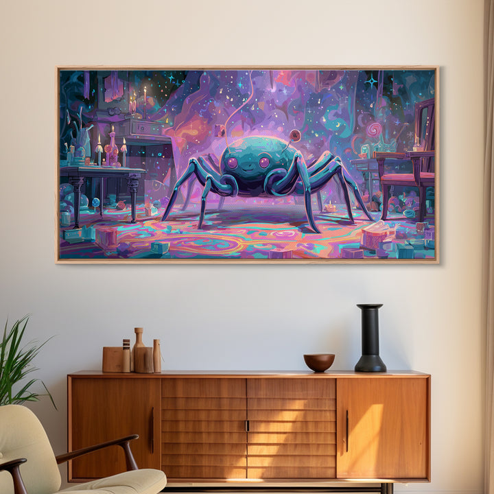 The Crawler Beneath The Floor Of Stars, Retro Neon Halloween Art, Wide Panoramic Art, Framed Canvas Print, Retro Halloween Decor