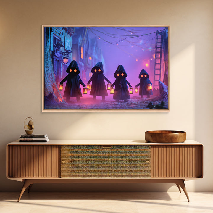 The Innsmouth Lantern Procession, Synthwave Halloween Art, Landscape Wall Art, Framed Canvas Print, Retro Halloween Decor, Neon Wall Art