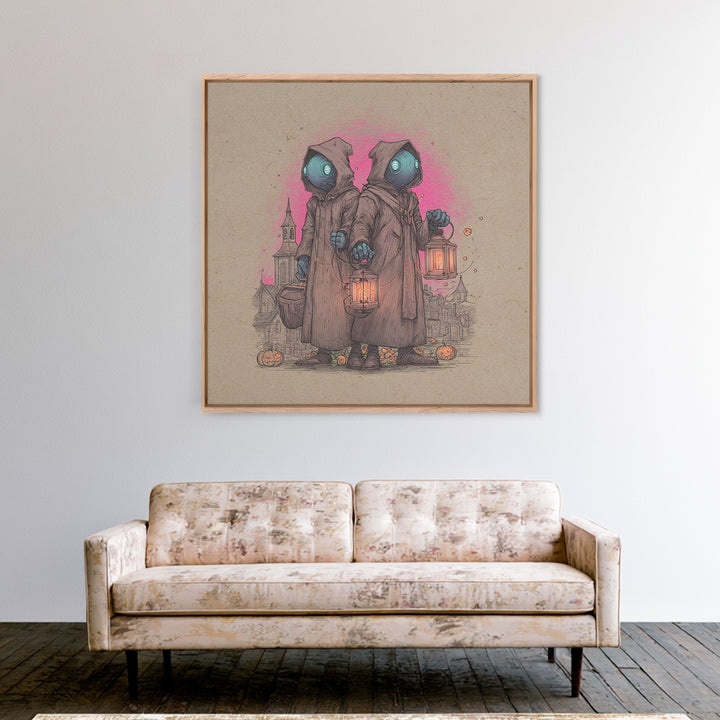 The Innsmouth Lantern Procession, 80s Halloween Wall Art, Square Wall Art, Canvas Print, Retro Halloween Decor, Neon Wall Art