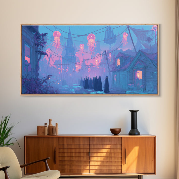 The Innsmouth Lantern Procession, Cute Eldritch Neon Art, Wide Panoramic Art, Framed Canvas Print, Retro Halloween Decor, Neon Wall Art
