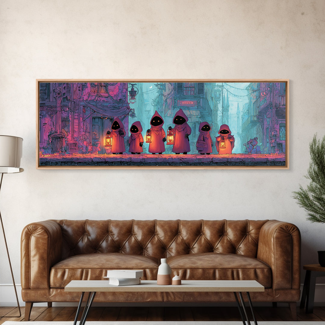 The Innsmouth Lantern Procession, Retro Neon Halloween Art, Extra Wide Wall Art, Framed Canvas Print, Retro Halloween Decor, Neon Wall Art