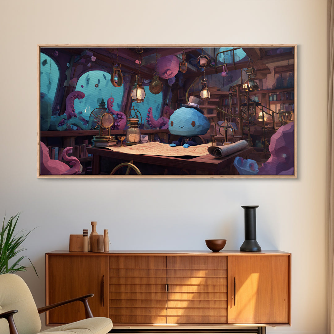 The Mapmaker Of Impossible Shores, Cosmic Synthwave Horror, Wide Panoramic Art, Framed Canvas Print, Retro Halloween Decor, Neon Wall Art