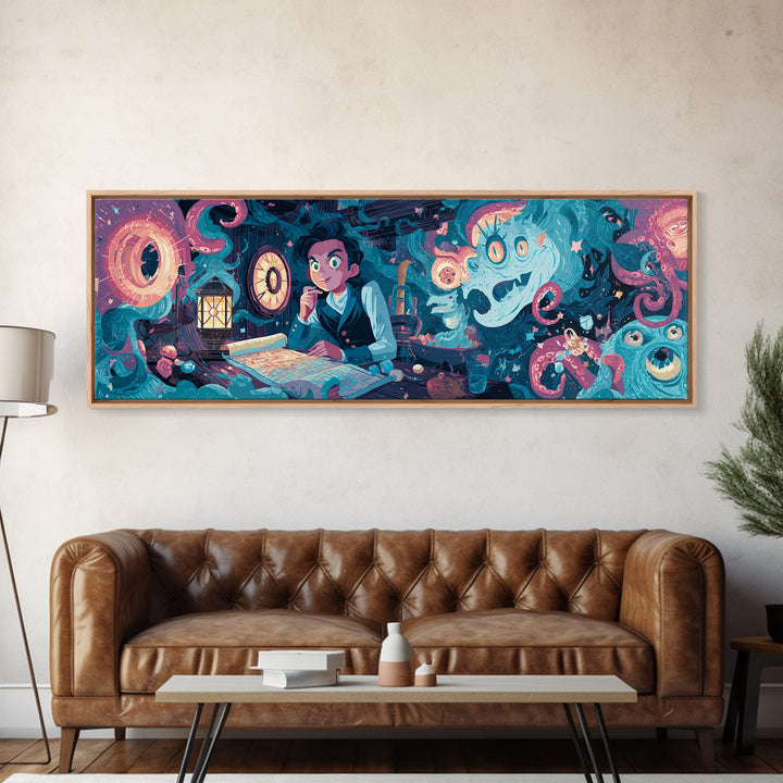 The Mapmaker Of Impossible Shores, Cosmic Synthwave Horror, Extra Wide Wall Art, Canvas Print, Retro Halloween Decor, Neon Wall Art