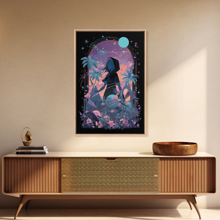 The Widow Of The Whispering Comet, Cosmic Synthwave Horror, Vertical Wall Art, Canvas Print, Retro Halloween Decor, Neon Wall Art