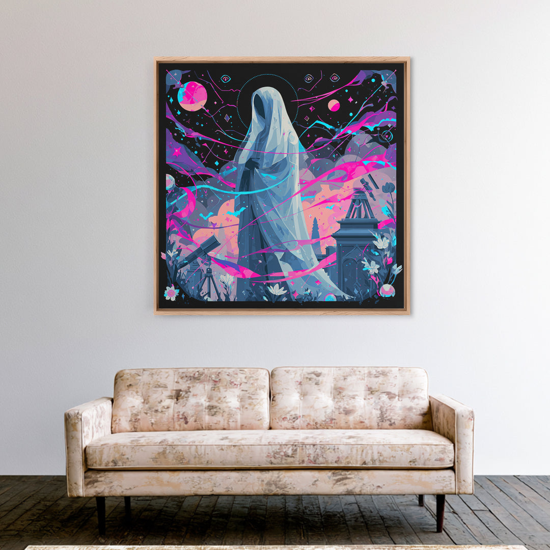 The Widow Of The Whispering Comet, Synthwave Halloween Art, Square Wall Art, Framed Canvas Print, Retro Halloween Decor, Neon Wall Art