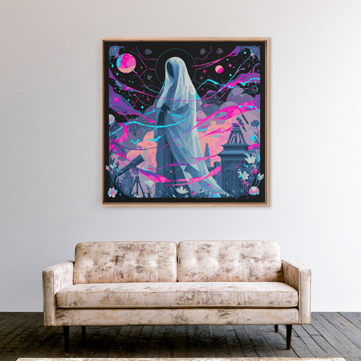 The Widow Of The Whispering Comet, Synthwave Halloween Art, Square Wall Art, Framed Canvas Print, Retro Halloween Decor, Neon Wall Art