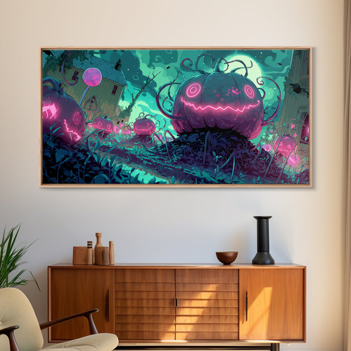The Harvest Of The Eldritch Field, 80s Halloween Wall Art, Wide Panoramic Art, Canvas Print, Retro Halloween Decor, Neon Wall Art