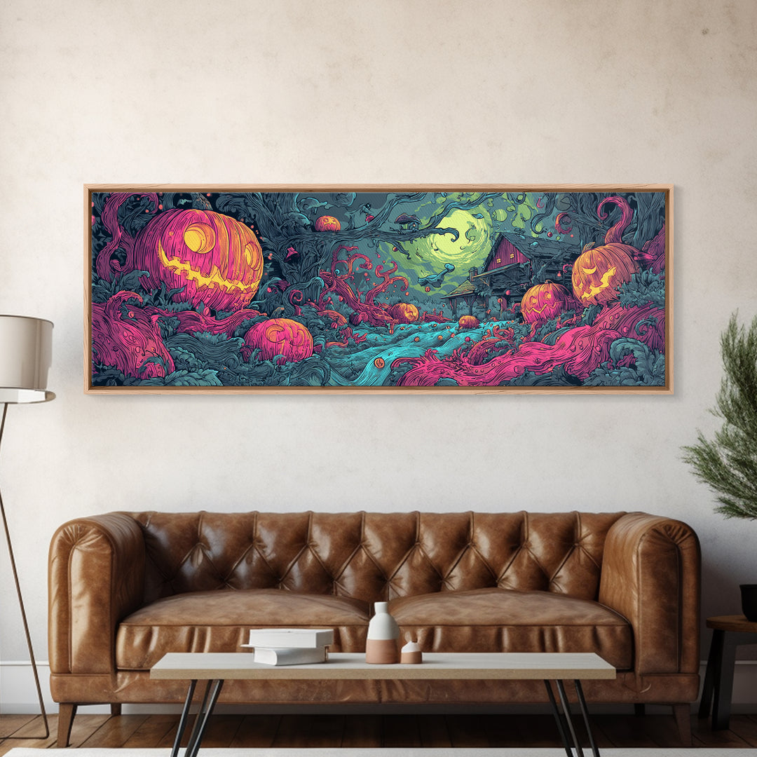 The Harvest Of The Eldritch Field, Cosmic Synthwave Horror, Extra Wide Wall Art, Canvas Print, Retro Halloween Decor, Neon Wall Art