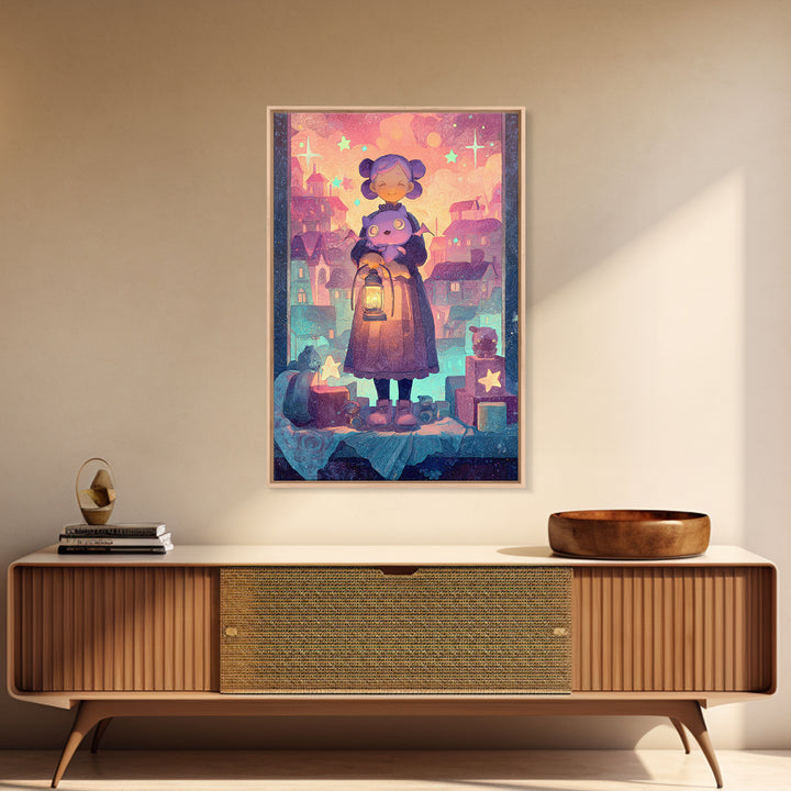 The Child Who Caught A Moon-Spawn, Vaporwave Halloween Decor, Vertical Wall Art, Framed Canvas Print, Retro Halloween Decor, Neon Wall Art