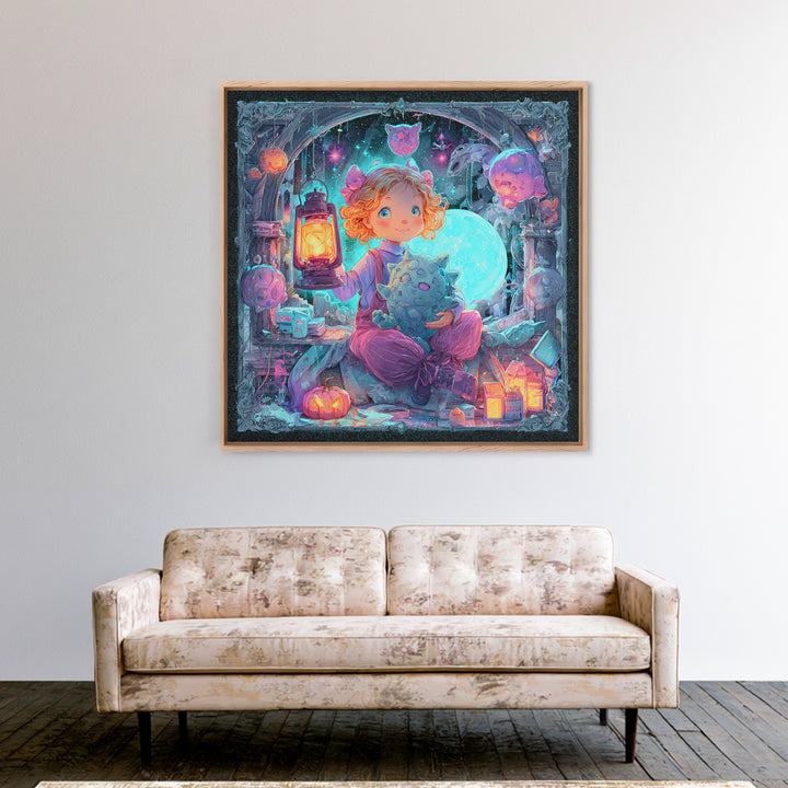 The Child Who Caught A Moon-Spawn, Vaporwave Halloween Decor, Square Wall Art, Canvas Print, Retro Halloween Decor, Neon Wall Art