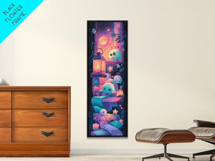 The Child Who Caught A Moon-Spawn, Synthwave Halloween Art, Tall Narrow Wall Art, Canvas Print, Retro Halloween Decor, Neon Wall Art