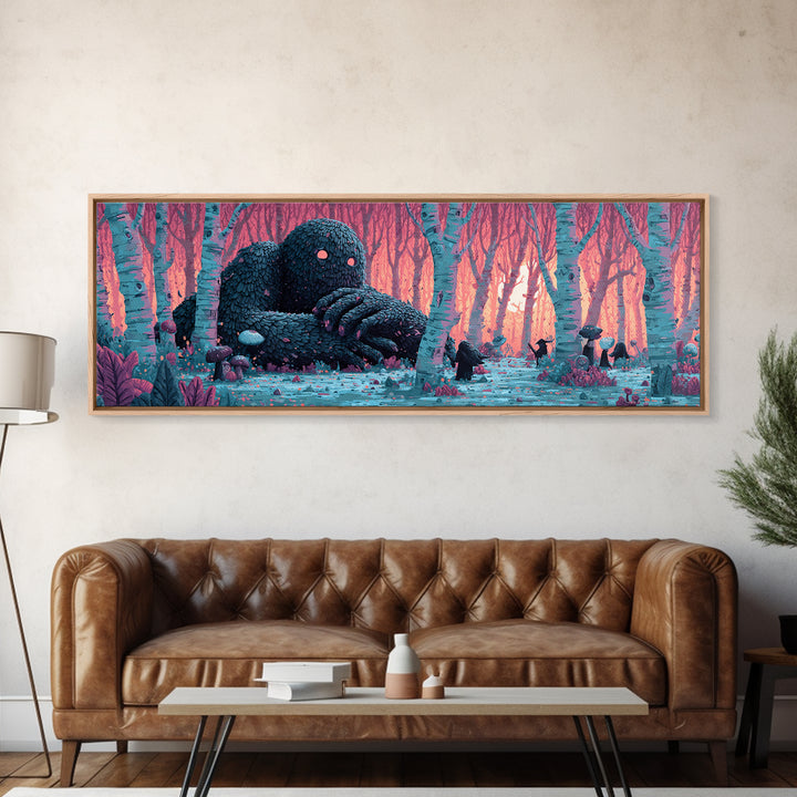 The Sleeper In The Birch Grove, Cosmic Synthwave Horror, Extra Wide Wall Art, Canvas Print, Retro Halloween Decor, Neon Wall Art