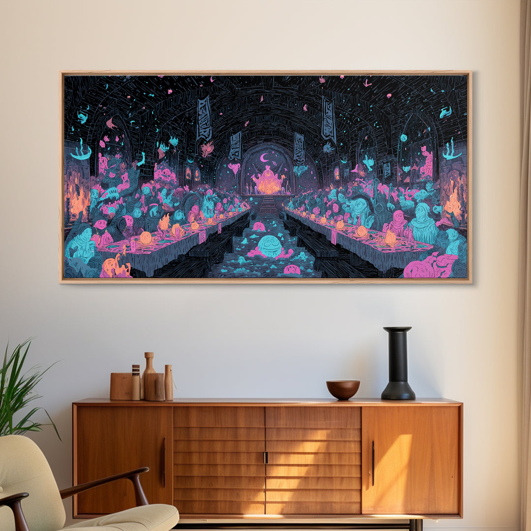 The Feast Of The Pale Cult, Synthwave Halloween Art, Wide Panoramic Art, Canvas Print, Retro Halloween Decor, Neon Wall Art