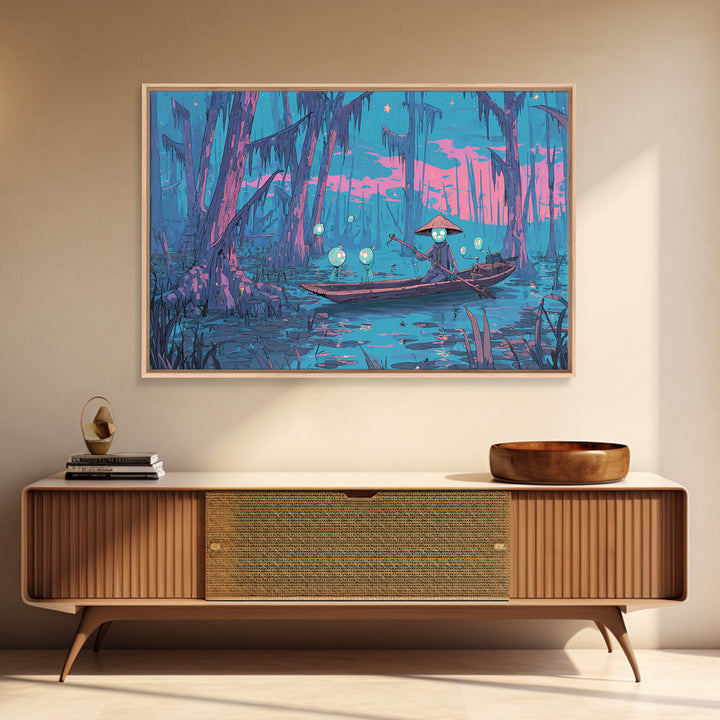 The Ferryman Of The Outer Marsh, Synthwave Halloween Art, Landscape Wall Art, Framed Canvas Print, Retro Halloween Decor, Neon Wall Art