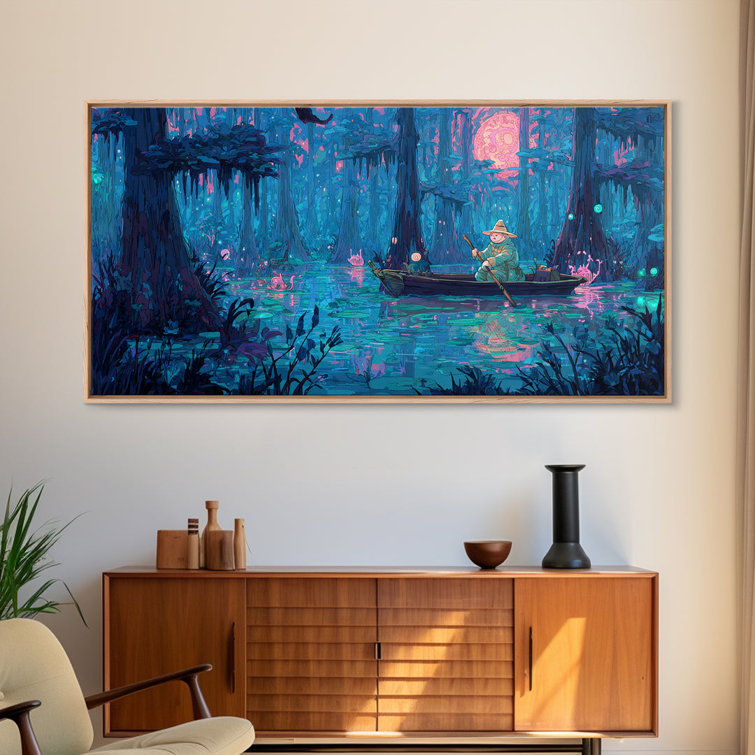 The Ferryman Of The Outer Marsh, 80s Halloween Wall Art, Wide Panoramic Art, Canvas Print, Retro Halloween Decor, Neon Wall Art