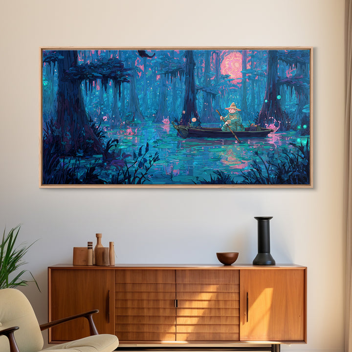 The Ferryman Of The Outer Marsh, 80s Halloween Wall Art, Wide Panoramic Art, Canvas Print, Retro Halloween Decor, Neon Wall Art