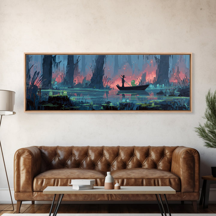 The Ferryman Of The Outer Marsh, Synthwave Halloween Art, Extra Wide Wall Art, Canvas Print, Retro Halloween Decor, Neon Wall Art