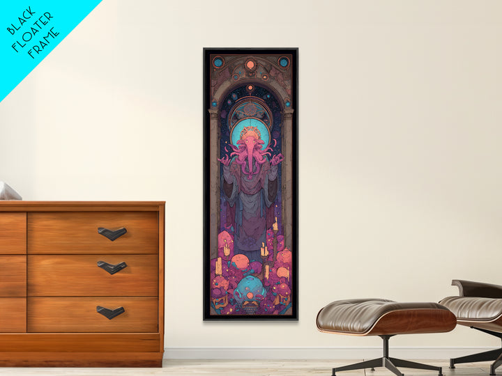 The Crown Of The Tentacled Saint, Cute Eldritch Neon Art, Tall Narrow Wall Art, Framed Canvas Print, Retro Halloween Decor, Neon Wall Art