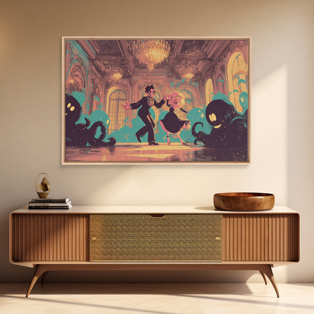 The Ballroom Of Silent Shoggoths, Synthwave Halloween Art, Landscape Wall Art, Canvas Print, Retro Halloween Decor, Neon Wall Art