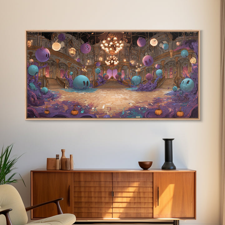 The Ballroom Of Silent Shoggoths, Cute Eldritch Neon Art, Wide Panoramic Art, Framed Canvas Print, Retro Halloween Decor, Neon Wall Art