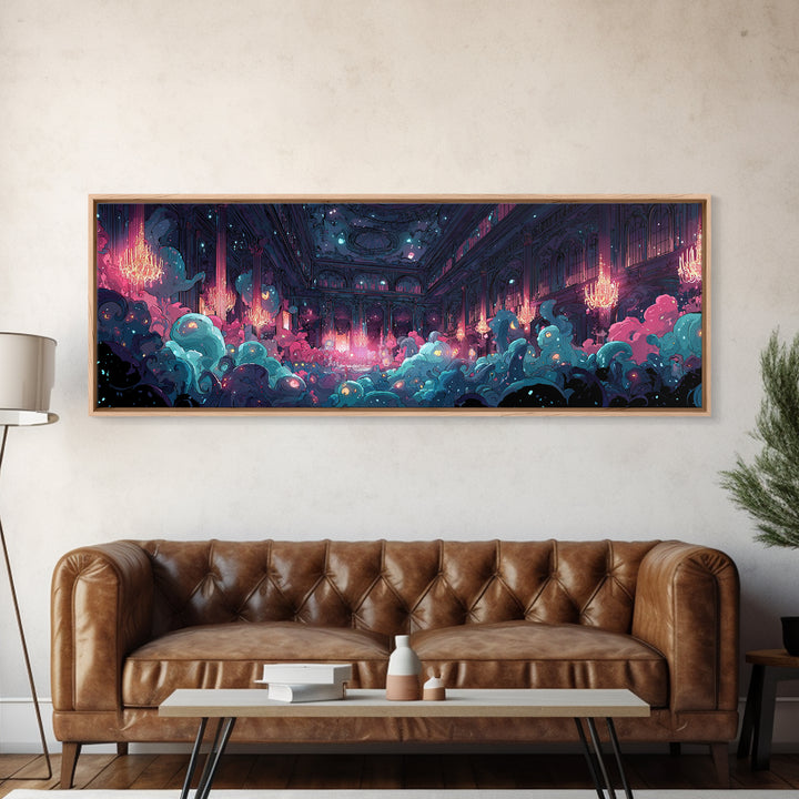 The Ballroom Of Silent Shoggoths, Cute Spooky Neon Art, Extra Wide Wall Art, Canvas Print, Retro Halloween Decor, Neon Wall Art