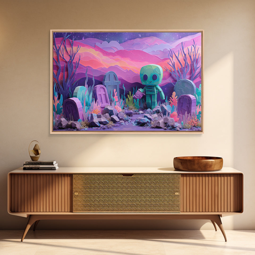 The Grave Gardener Of Yuggoth, Cosmic Synthwave Horror, Landscape Wall Art, Canvas Print, Retro Halloween Decor, Neon Wall Art