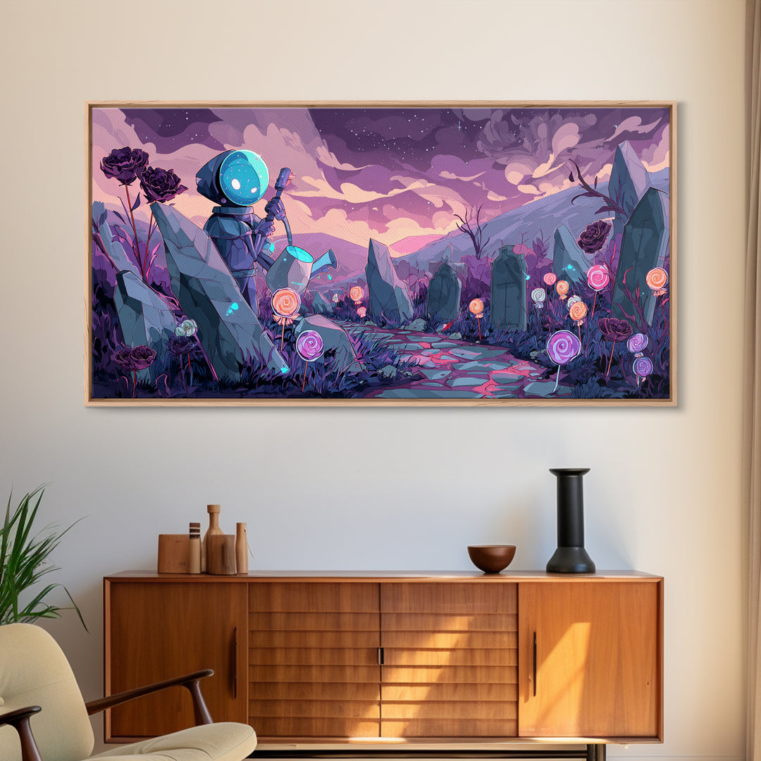 The Grave Gardener Of Yuggoth, Retro Neon Halloween Art, Wide Panoramic Art, Framed Canvas Print, Retro Halloween Decor, Neon Wall Art