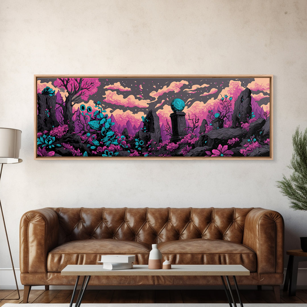The Grave Gardener Of Yuggoth, Cosmic Synthwave Horror, Extra Wide Wall Art, Framed Canvas Print, Retro Halloween Decor, Neon Wall Art
