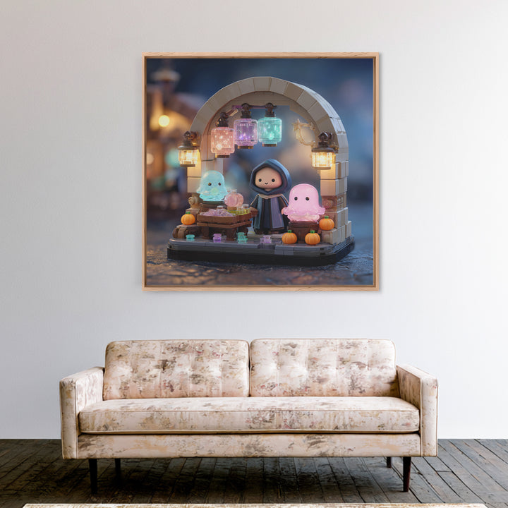 The Lantern Market Beyond The Veil, Retro Neon Halloween Art, Square Wall Art, Canvas Print, Retro Halloween Decor, Neon Wall Art