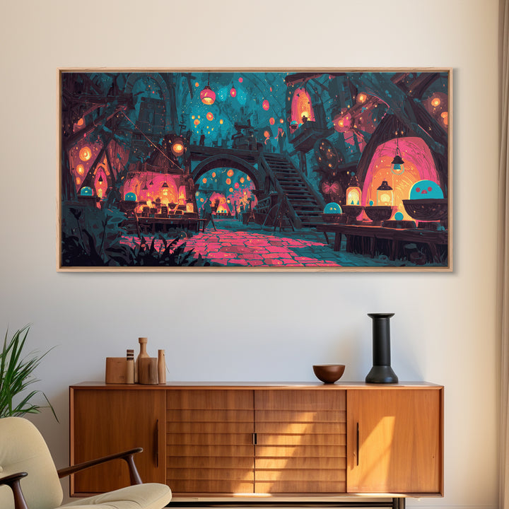 The Lantern Market Beyond The Veil, Cute Spooky Neon Art, Wide Panoramic Art, Canvas Print, Retro Halloween Decor, Neon Wall Art