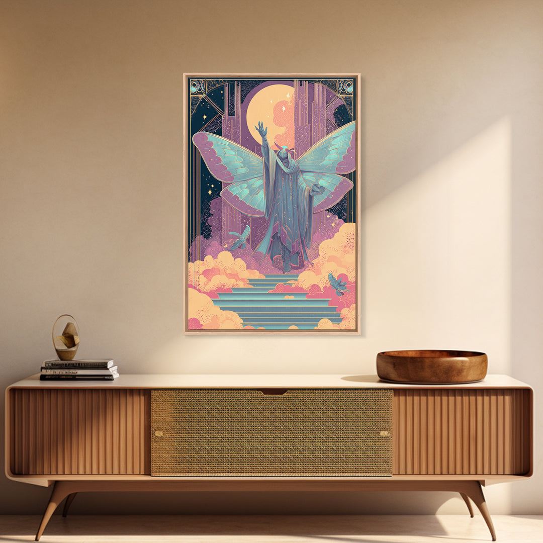 The Moth Prophet Of Kadath, Vaporwave Halloween Decor, Vertical Wall Art, Canvas Print, Retro Halloween Decor, Neon Wall Art
