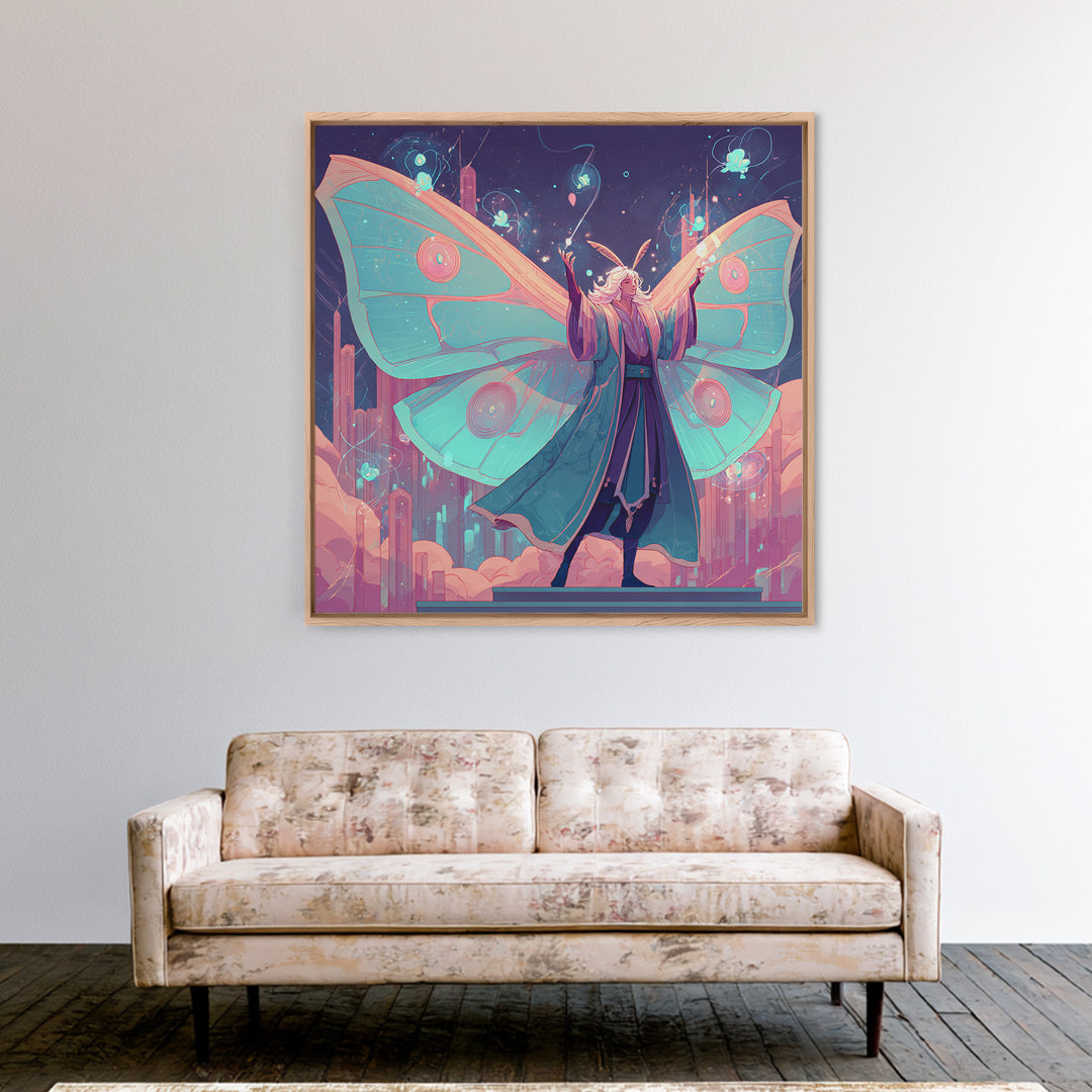 The Moth Prophet Of Kadath, Cute Spooky Neon Art, Square Wall Art, Framed Canvas Print, Retro Halloween Decor, Neon Wall Art