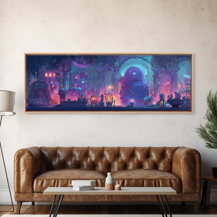 The Moonlit Shoggoth Menagerie, 80s Halloween Wall Art, Extra Wide Wall Art, Canvas Print, Retro Halloween Decor, Neon Wall Art