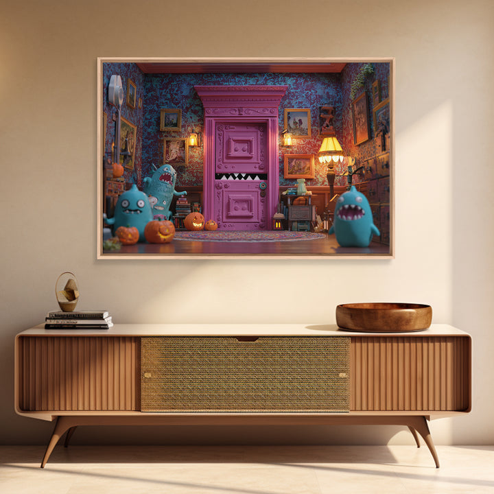 The Thirteenth Door Of Arkham House, Retro Neon Halloween Art, Landscape Wall Art, Canvas Print, Retro Halloween Decor, Neon Wall Art