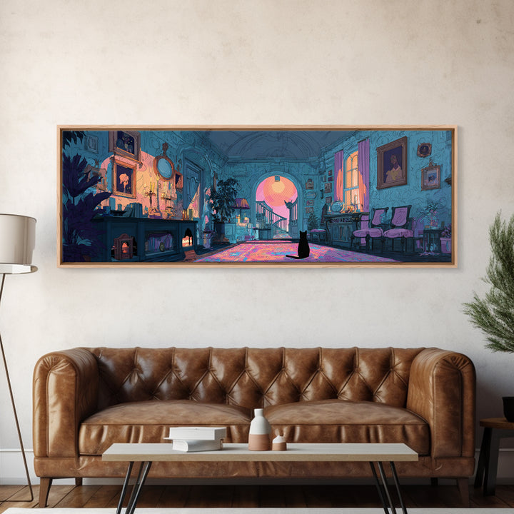 The Thirteenth Door Of Arkham House, Cute Eldritch Neon Art, Extra Wide Wall Art, Framed Canvas Print, Retro Halloween Decor, Neon Wall Art