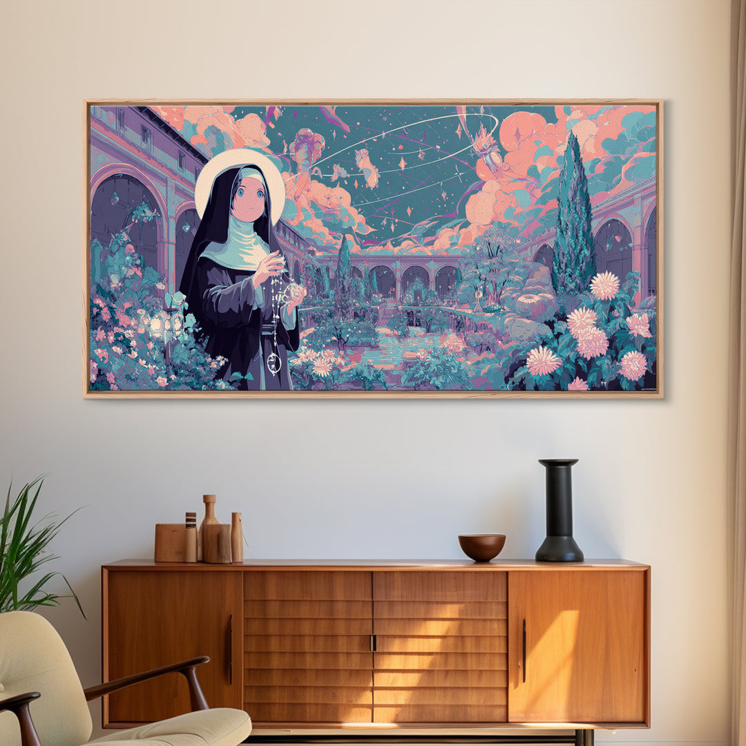The Nun Of The Endless Constellation, Synthwave Halloween Art, Wide Panoramic Art, Framed Canvas Print, Retro Halloween Decor, Neon Wall Art