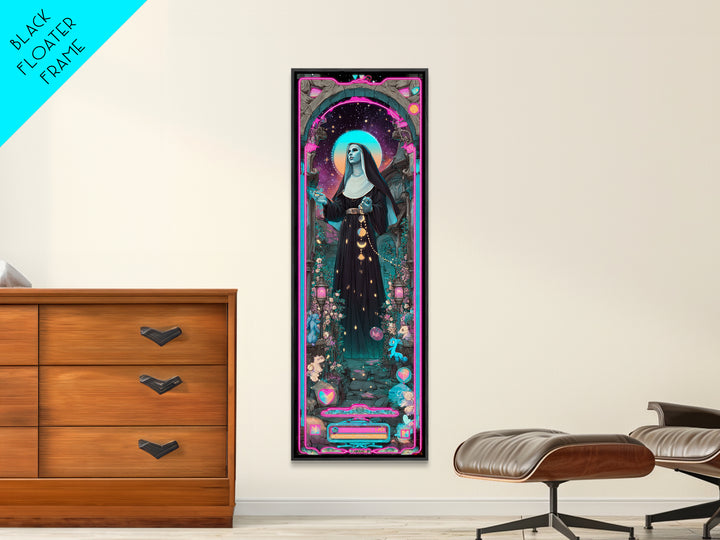 The Nun Of The Endless Constellation, Synthwave Halloween Art, Tall Narrow Wall Art, Canvas Print, Retro Halloween Decor, Neon Wall Art