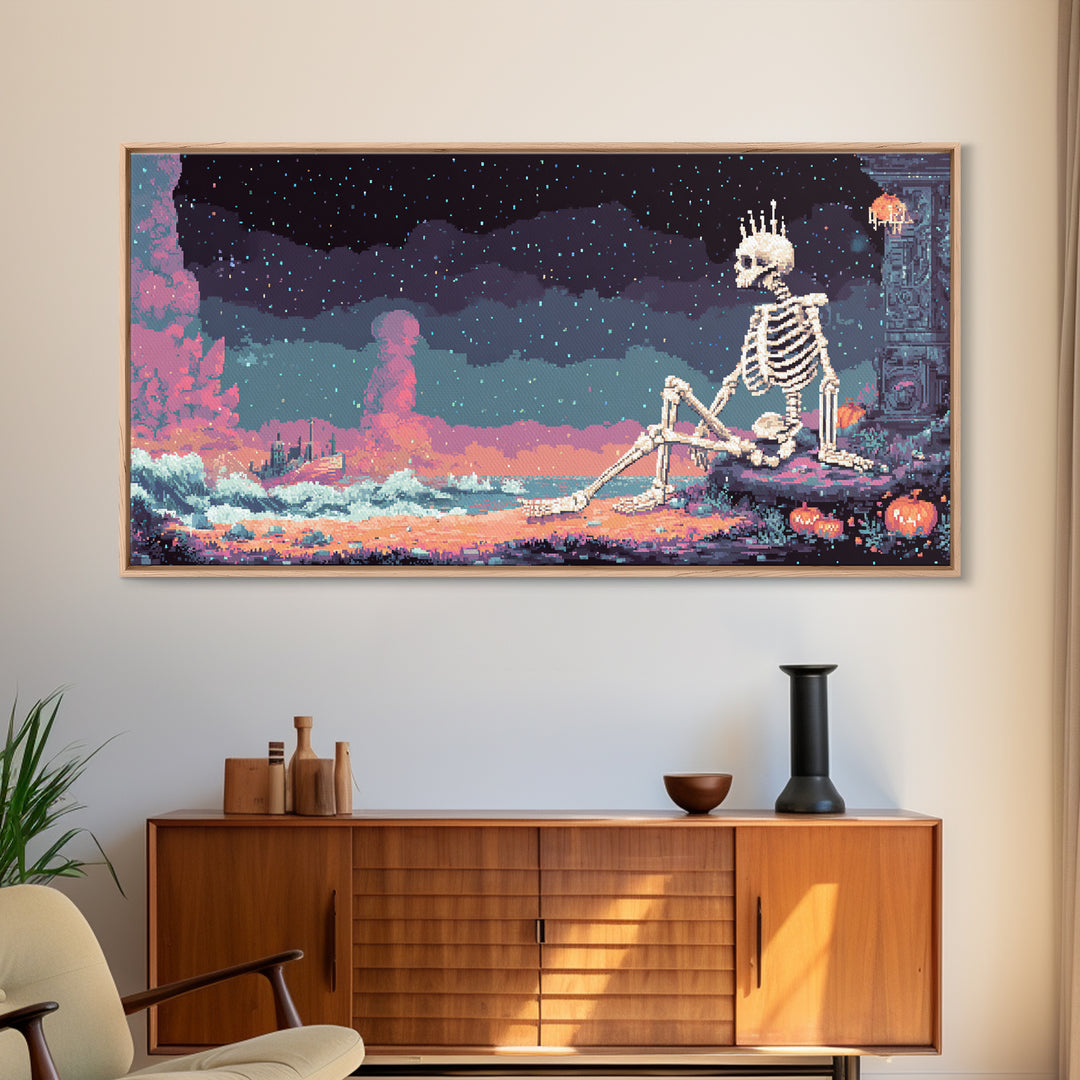 The Salt King Of The Black Shore, Vaporwave Halloween Decor, Wide Panoramic Art, Canvas Print, Retro Halloween Decor, Neon Wall Art