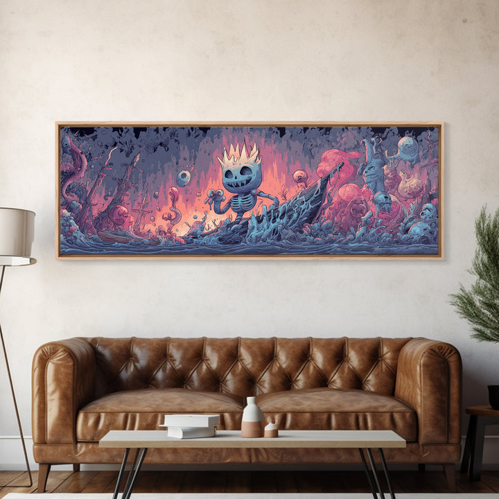 The Salt King Of The Black Shore, Cosmic Synthwave Horror, Extra Wide Wall Art, Canvas Print, Retro Halloween Decor, Neon Wall Art