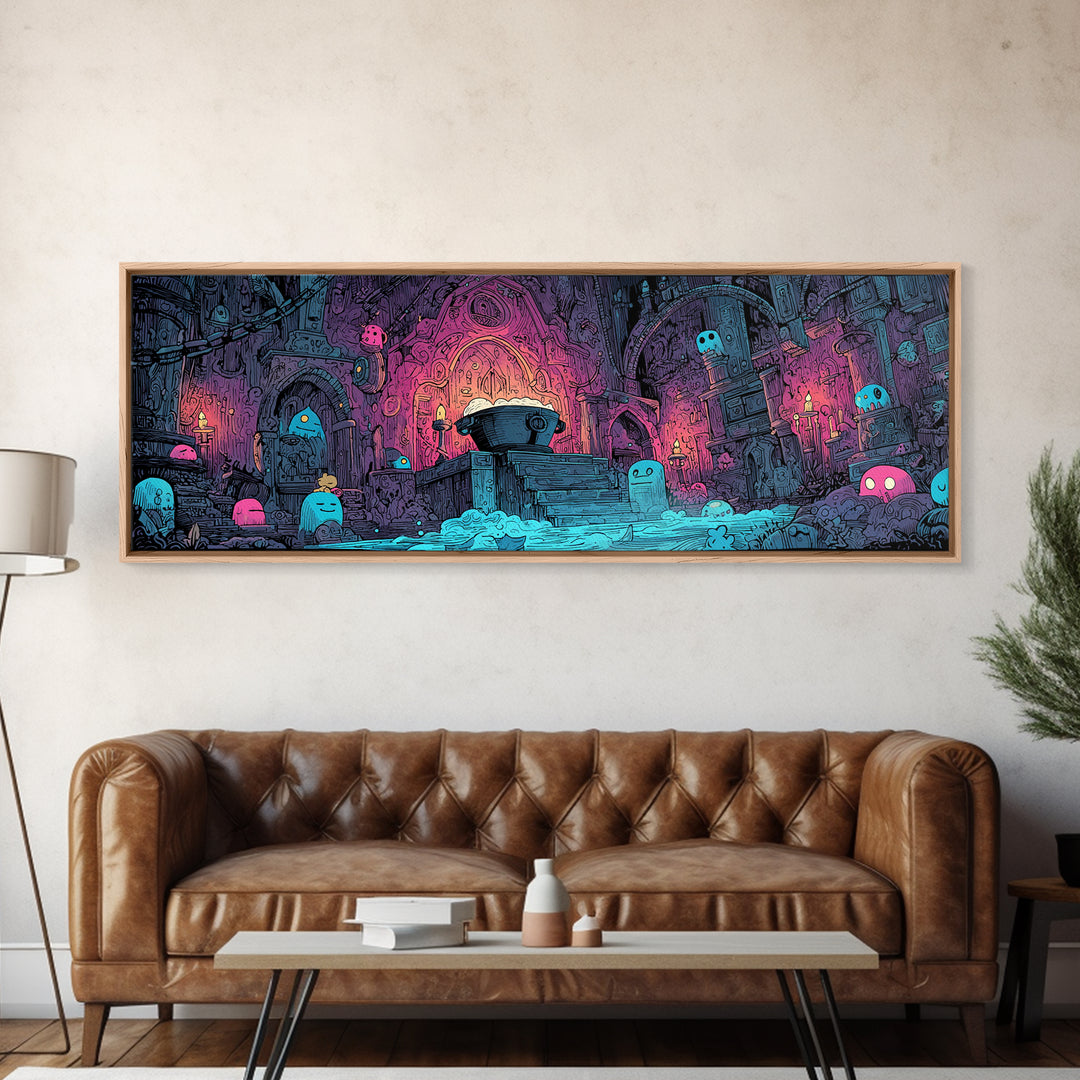 The Dreamwell Beneath Miskatonic, 80s Halloween Wall Art, Extra Wide Wall Art, Canvas Print, Retro Halloween Decor, Neon Wall Art