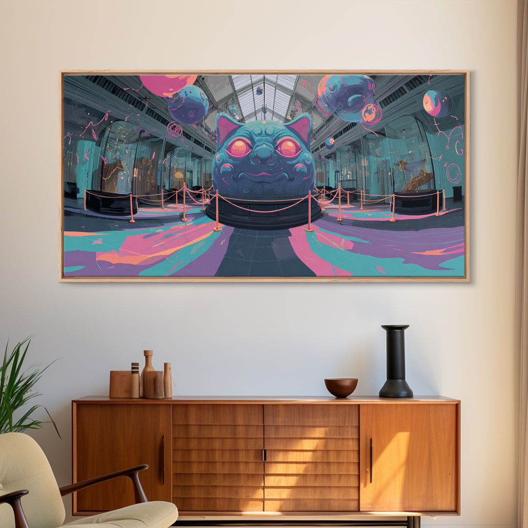 The Custodian Of The Whispering Idol, Cute Spooky Neon Art, Wide Panoramic Art, Canvas Print, Retro Halloween Decor, Neon Wall Art