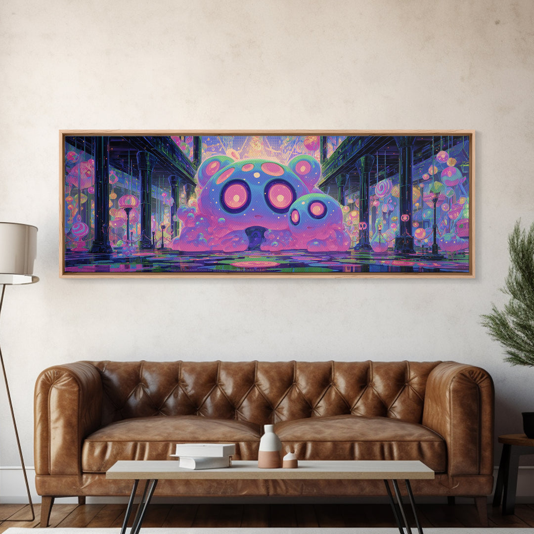 The Custodian Of The Whispering Idol, Cute Eldritch Neon Art, Extra Wide Wall Art, Framed Canvas Print, Retro Halloween Decor, Neon Wall Art