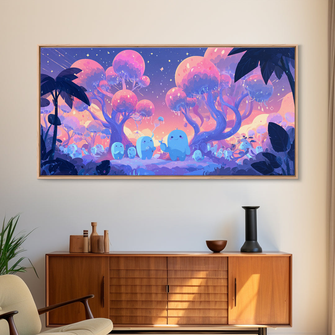 The Children Of The Star Orchard, Vaporwave Halloween Decor, Wide Panoramic Art, Framed Canvas Print, Retro Halloween Decor, Neon Wall Art