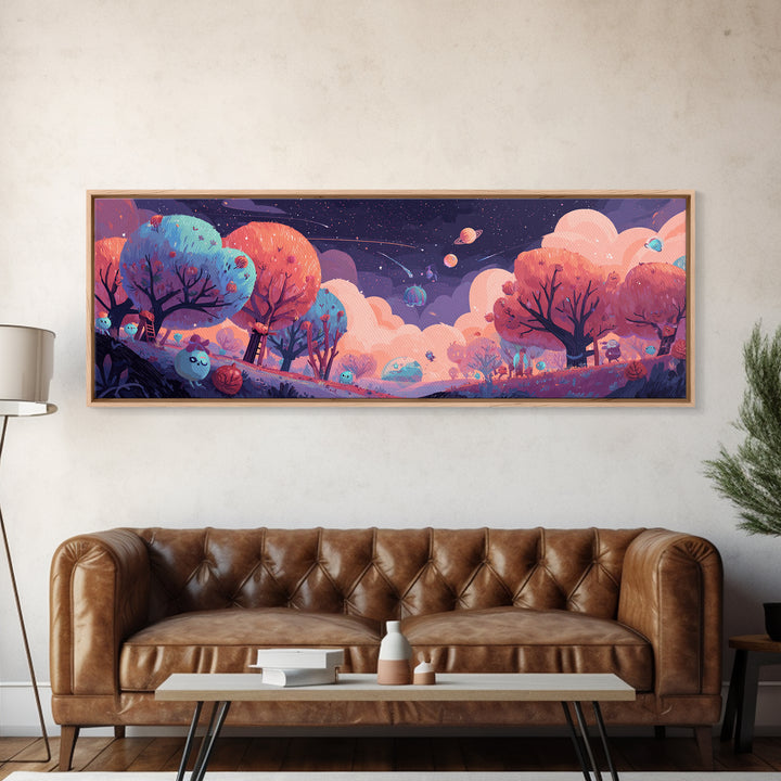 The Children Of The Star Orchard, Cosmic Synthwave Horror, Extra Wide Wall Art, Framed Canvas Print, Retro Halloween Decor, Neon Wall Art