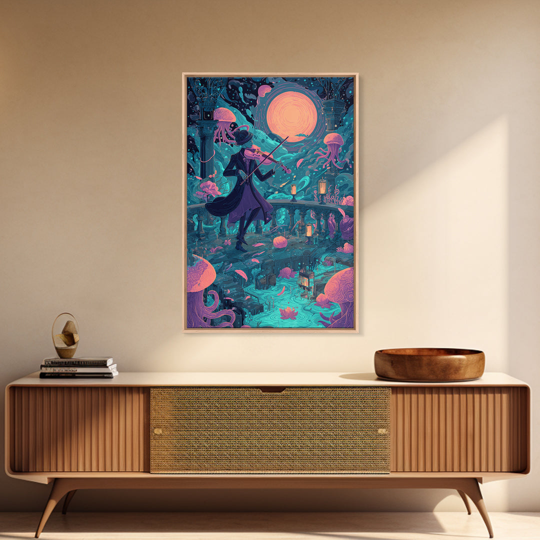 The Violinist Of The Drowned Moon, Retro Neon Halloween Art, Vertical Wall Art, Canvas Print, Retro Halloween Decor, Neon Wall Art