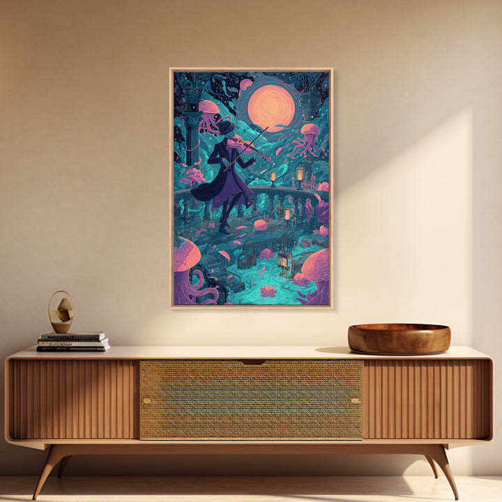 The Violinist Of The Drowned Moon, Retro Neon Halloween Art, Vertical Wall Art, Canvas Print, Retro Halloween Decor, Neon Wall Art