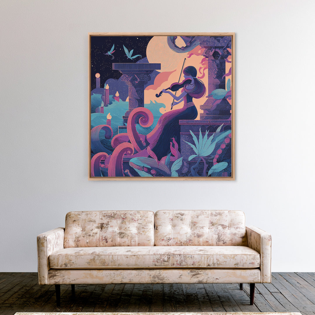 The Violinist Of The Drowned Moon, Cute Eldritch Neon Art, Square Wall Art, Canvas Print, Retro Halloween Decor, Neon Wall Art