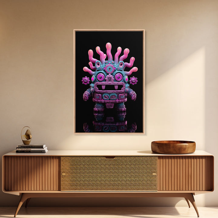 The Mask Of The Crawling God, Vaporwave Halloween Decor, Vertical Wall Art, Canvas Print, Retro Halloween Decor, Neon Wall Art